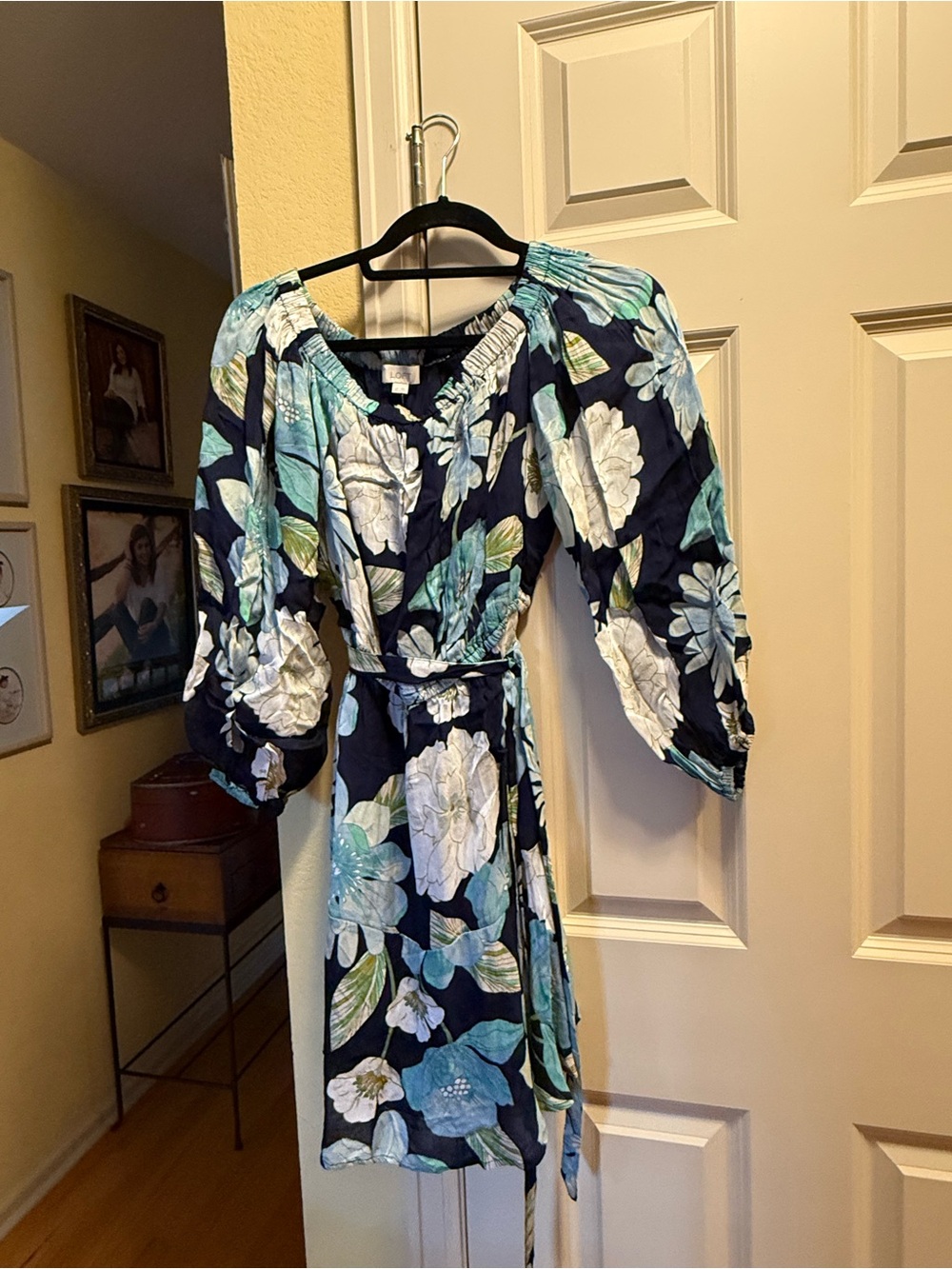 LOFT Navy Floral Wrap Dress with Puff Sleeves